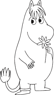 Postavička Moomin s dlouhou ofinkou, stojící a držící květinu, s jemným výrazem v obličeji.