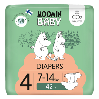 Neutralne węglowo, ekologiczne pieluszki dla niemowląt Moomin Baby z Finlandii.