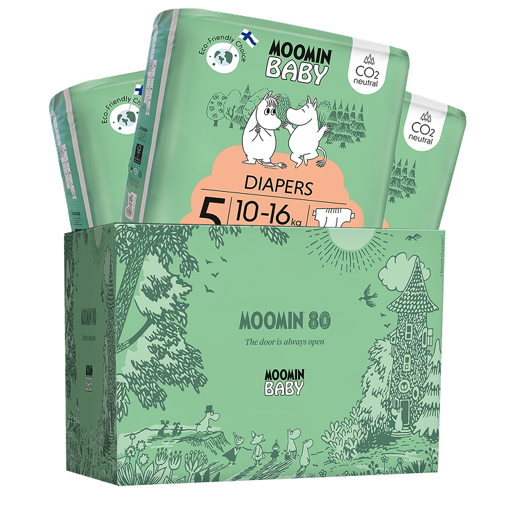 Ekologické detské plienky Moomin Baby vyrobené vo Fínsku s nulovou uhlíkovou stopou, šetrné k prírode a citlivej detskej pokožke, zo 100 % obnoviteľných zdrojov